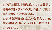 白ひげ海賊団2番隊隊長。ルフィの義兄。悪魔の実「メラメラの実」の能力で炎を自在に操ることが出来る。白ひげを海賊王にしたいと考えている。鉄の掟をやぶった元部下、黒ひげを追っている。