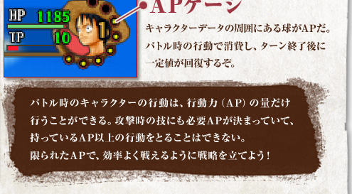 [ＡＰゲージ：キャラクターデータの周囲にある球がAPだ。バトル時の行動で消費し、ターン終了後に一定値が回復するぞ。]バトル時のキャラクターの行動は、行動力（AP）の量だけ行うことができる。攻撃時の技にも必要APが決まっていて、持っているAP以上の行動をとることはできない。限られたAPで、効率よく戦えるように戦略を立てよう！