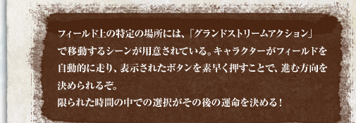 フィールド上の特定の場所には、「グランドストリームアクション」で移動するシーンが用意されている。キャラクターがフィールドを自動的に走り、表示されたボタンを素早く押すことで、進む方向を決められるぞ。限られた時間の中での選択がその後の運命を決める！